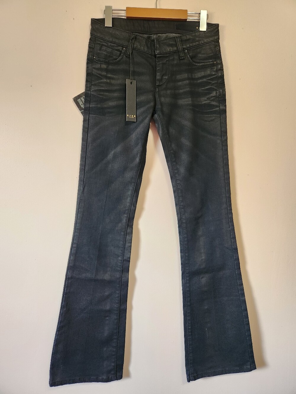 NWT Ring Milano Black Coated Waxed Flare Jeans Italian Designer Y2K Indie Sleaze